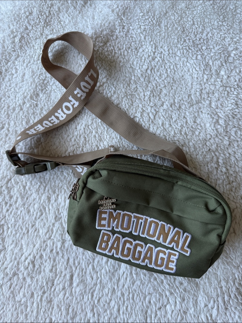 Assholes Live Forever Emotional Baggage Olive Canvas Crossbody Belt Bag